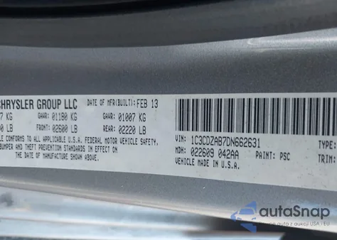 2013 Dodge Avenger Se z USA, uszkodzony, nr VIN 1C3CDZAB7DN662631